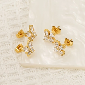 Elegant gold stainless steel butterfly and flower stud earrings with sparkling cubic zirconia