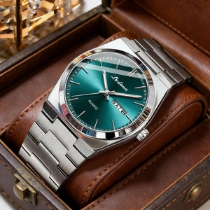 Detailed view of Dedima silver steel watch featuring a green sunray dial with day-date window