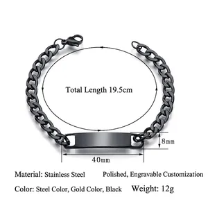 Black stainless steel curb chain ID bracelet with rectangular plate for men and women
