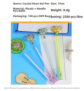 Detail view of crystal heart gel pens in four pastel colors with dimensions and specs
