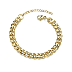 Polished golden stainless steel Cuban link bracelet with lobster clasp and adjustable tail