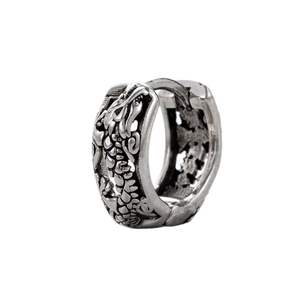 Men's silver stainless steel hoop earring featuring a detailed dragon totem engraving