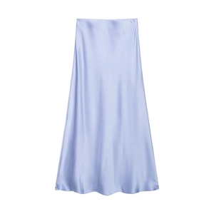 Detail of light purple satin midi skirt showing smooth silk texture and A-line silhouette
