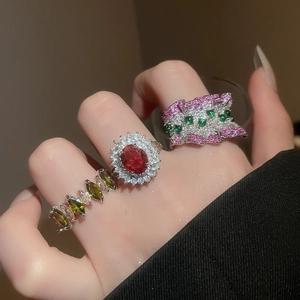 Gros plan de bagues en zircon étincelant avec rubis et émeraudes sur une main