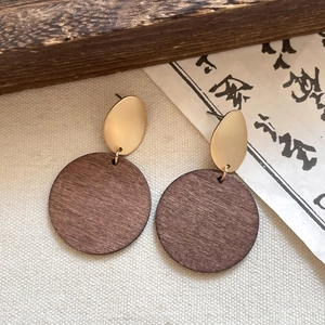 Retro round wood pendant earrings with gold metal oval and vintage ethnic style design