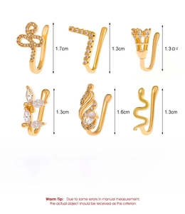 Detailed size chart for gold copper non-piercing nose clips with zircon accents