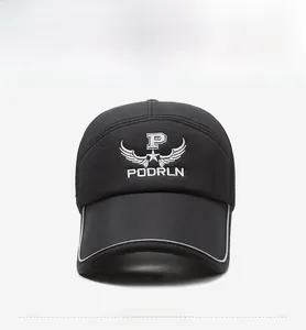 Detail of breathable black mesh baseball cap with white winged embroidery and star logo