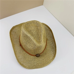 Breathable hollow weave western cowboy straw hat with vintage bronze buckle and brown cord