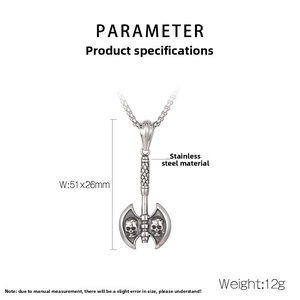 Detailed view of punk style stainless steel double-headed axe pendant with skull engraving