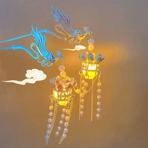 Luminous phoenix and lantern hair stick with pearls and silver tassels in Chinese style