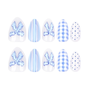 Blue and white almond press-on nails with bow designs and checkered patterns