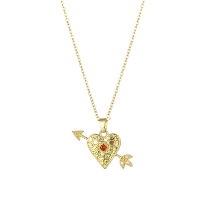 18K gold stainless steel heart and arrow necklace with orange zircon pendant on white background