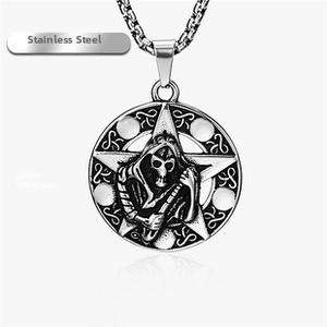 Detail of gothic stainless steel necklace featuring reaper pendant and pentagram engraving