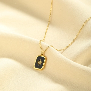 Minimalist Stainless Steel Gold Plated Rectangular Starburst Pendant Necklace With Zirconia Inlay Fashion Jewelry For Women Daily Accessory