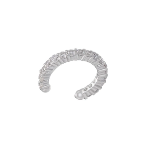Detail view of silver C-shaped ear cuff with pave-set sparkling cubic zirconia stones