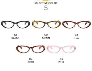 Cat eye blue light glasses frame collection in black, grain, tea, demi and pink options