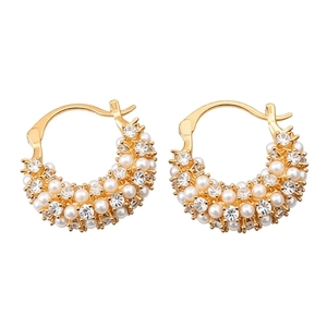 French vintage 18k gold plated pearl hoop earrings with crystal accents on white background