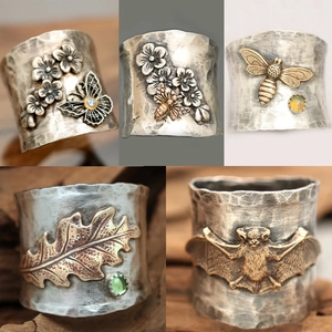 Vintage Hammered Brass Wide Band Rings For Women Handmade Butterfly Bee Bat Leaf Flower Inlaid Rhinestone Statement Ring Jewelry Gift