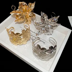 Exaggerated Metal Flower Arm Cuff Bracelet Fashion Open Bangle For Women Glossy Brushed Texture Luxury Accessory