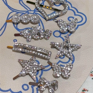 Elegant Y2K silver rhinestone hair clip set with heart, butterfly and star shapes
