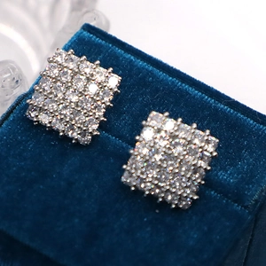 Elegant geometric square cluster stud earrings with pavé zircons in a silver-tone setting
