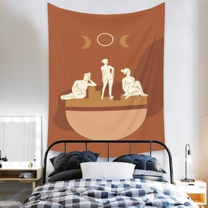Close-up of bohemian tapestry featuring abstract female line art and moon phases in terracotta