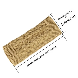 Detail showing dimensions of 20cm by 7.5cm for khaki cable knit wrist warmers