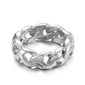 Polished silver stainless steel Cuban link chain ring for men on white background