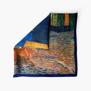 Macro detail of silk square scarf featuring Van Gogh Cafe Terrace at Night oil painting print