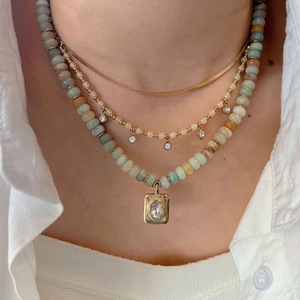 Three-layer layered necklace featuring gold snake chain, natural stones and zircon pendant