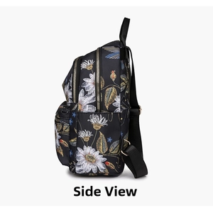 Side view of black floral backpack with daisy patterns and waterproof nylon texture