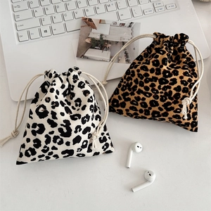 Set of leopard print drawstring organizers in beige and brown for women and students