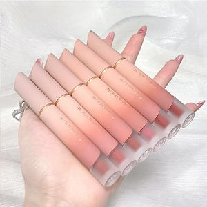 Close-up of matte velvet lip glaze shades from nude pink to deep reddish brown tones