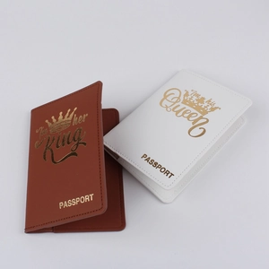 Brown and white faux leather passport covers for couples with gold foil crown design