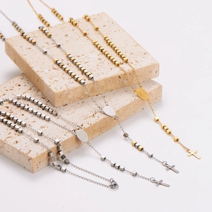 Vintage layered long tassel necklace with crucifix pendant and metallic square beads