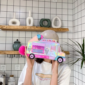 Holographic ice cream truck crossbody bag with pink pompom and gold chain detail