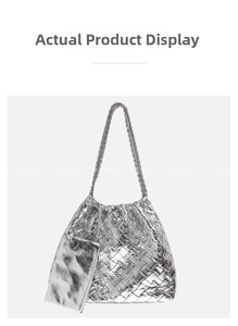 Detail of silver metallic woven tote bag with matching zippered pouch and drawstrings