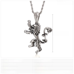 Macro shot of punk style stainless steel lion head pendant with size and weight data