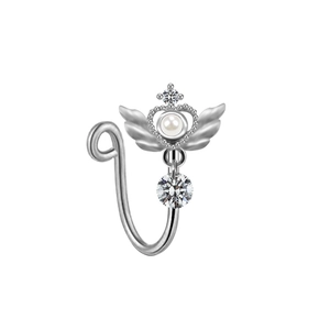 Elegant silver butterfly crown nose clip with pearl and zircon wing design for women
