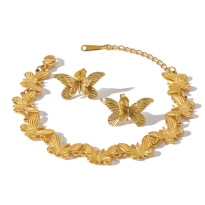 18K gold plated stainless steel jewelry set with butterfly bracelet and stud earrings