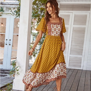 Floral paisley print maxi dress with square neck and cap sleeves in yellow and white