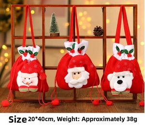 Detail of Santa and Snowman Christmas candy bags hanging with size info 20x40cm
