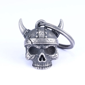 Vintage stainless steel viking warrior skull bell pendant with rustic silver metal finish