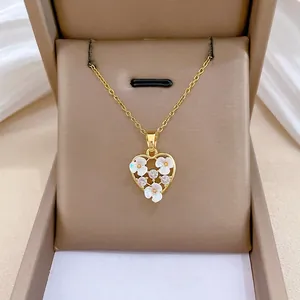 Heart Pendant Necklace Stainless Steel Chain Copper Mother Of Artificial Pearl Flower Cubic Zirconia Elegant Luxury Jewelry For Women