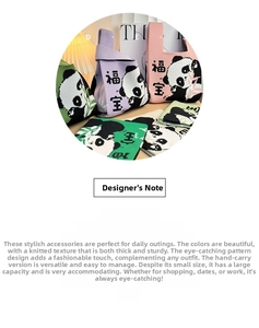 Detailed texture of knitted panda tote bag in vibrant colors with clear stitching