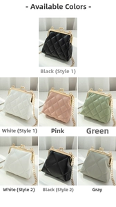 Detailed grid view of quilted leather mini bags with gold chain straps in multiple colors