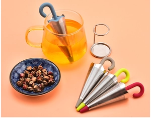 Umbrella-shaped stainless steel tea infusers with silicone handles in four bright colors