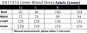 Size chart for the linen blend loose dress showing bust, waist, and length measurements