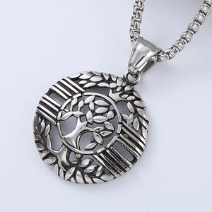 Vintage stainless steel Tree of Life pendant necklace with silver finish for men