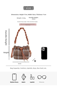 Detailed size guide of wool bucket bag showing 17x18x11cm dimensions and daily capacity